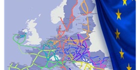 Rete transeuropea dei trasporti (TEN-T) sulla mappa e sulla bandiera dell'Europa